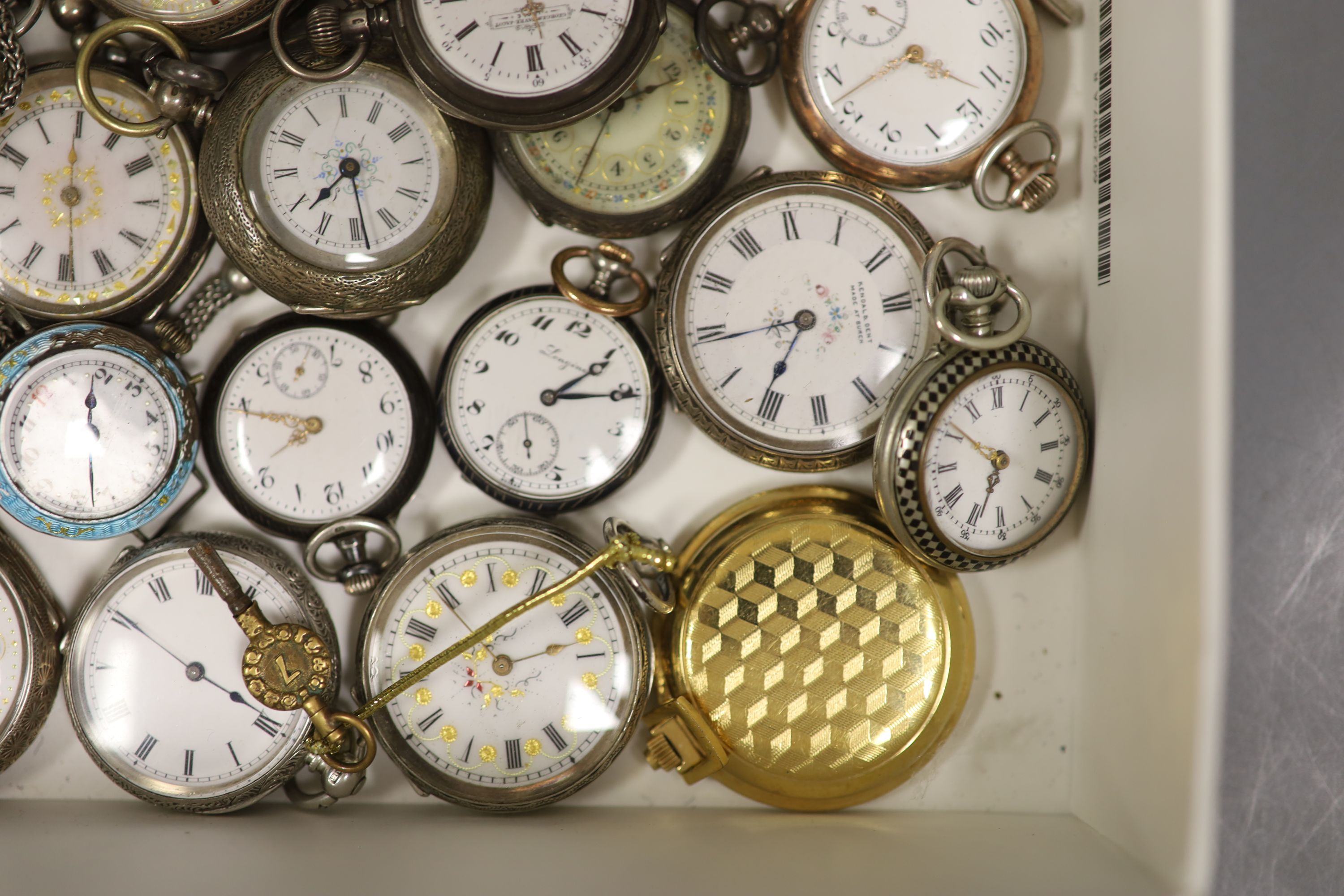 A collection of lady's assorted mainly continental white metal fob and pocket watches, including enamel and three wrist watches.